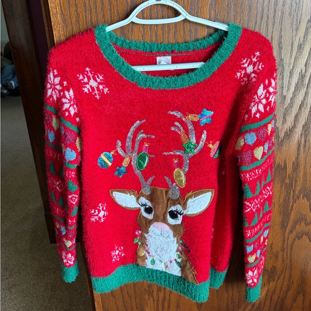 Holiday Time Red Reindeer Crewneck Sweater with Green Trim